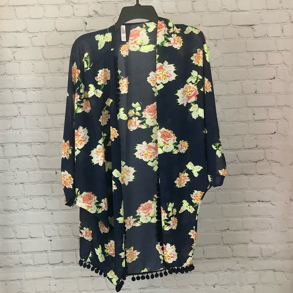 Women’s Xhilaration brand navy blue, pink, and green boho kimono size XL
